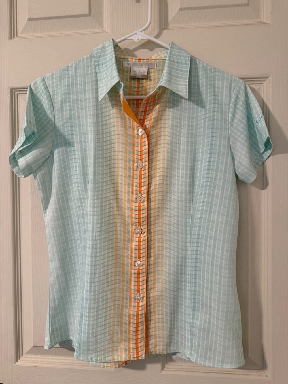 Nike women’s golfShort-Sleeve Button-Down Shirt in Mint Green with Orange Stripe